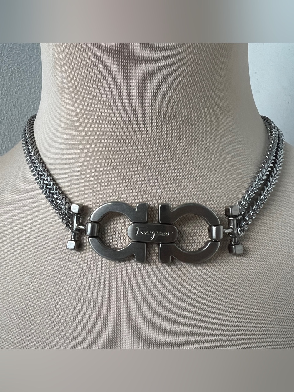 Custom Ferragamo Gancini Hardware Necklace Silver Multi-strand Chain 14.5-15.5” - Picture 2 of 9